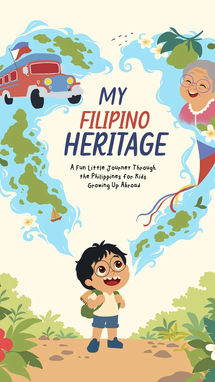 Illustrated title page: Kiko with his backpack looks up at a heart-shaped map of the Philippines with a jeepney, a kite and his smiling Lola.