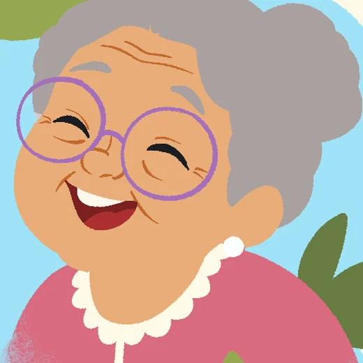 Lola, Kiko's grandmother, with grey hair and purple glasses, laughing warmly.