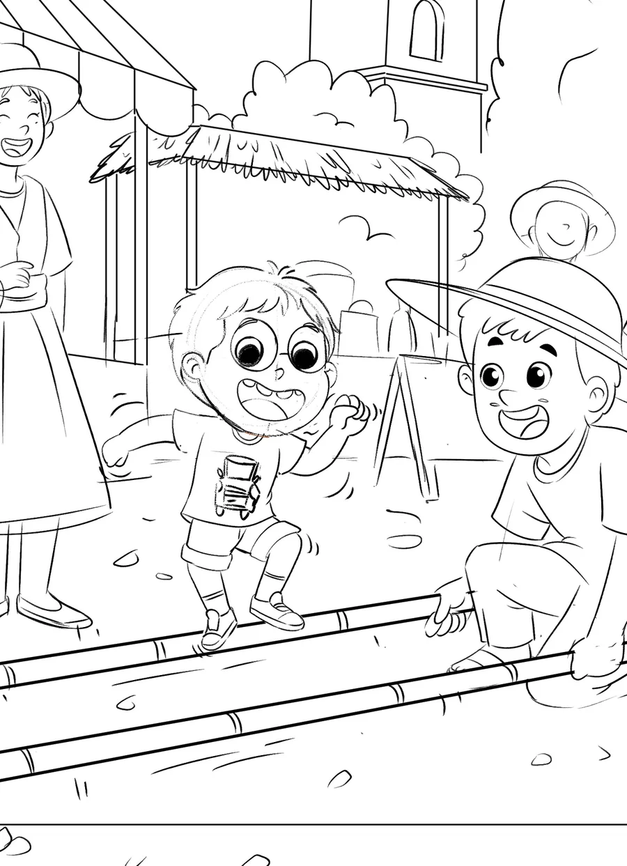 Pencil sketch of children playing at a fiesta.