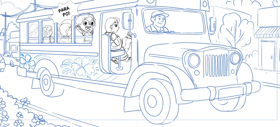 Pencil sketch of a jeepney spread from Book 1.