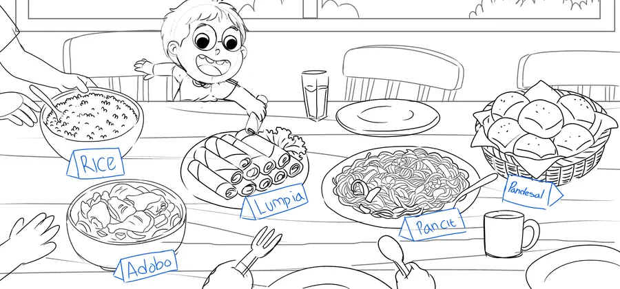 Pencil sketch of Kiko at a table full of labelled Filipino dishes: rice, adobo, lumpia, pancit, pandesal.