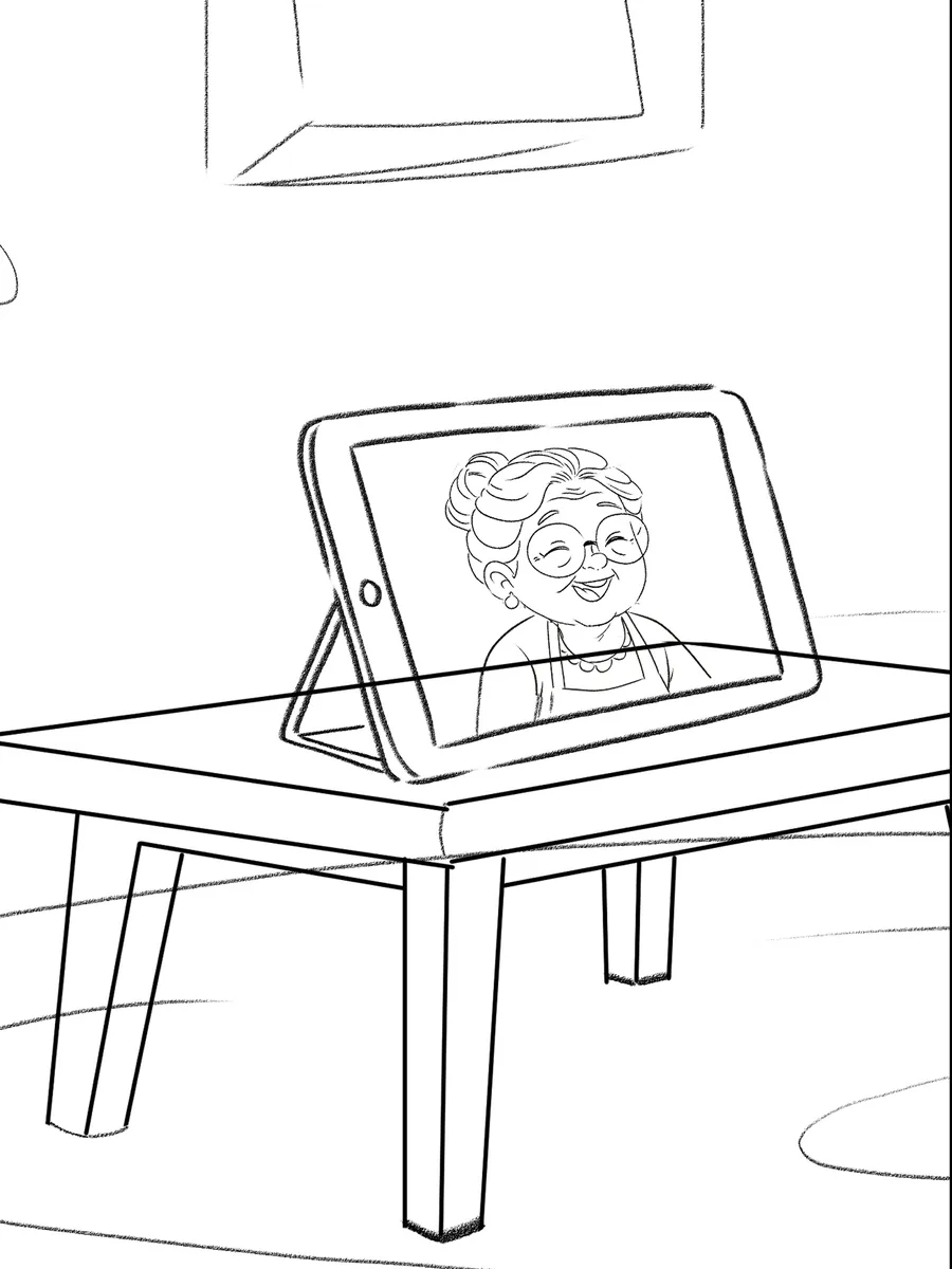 Pencil sketch of Lola smiling on a tablet during a video call.